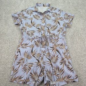 Jetty Womens Tropical Palm Print Romper Blue Cotton Tencel Button Front Small